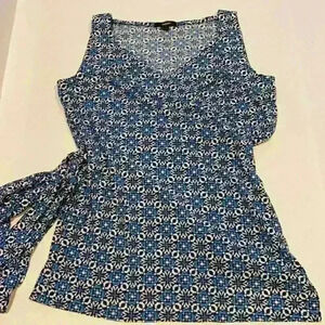 Alfani wrap tie sleeveless top blue pattern med